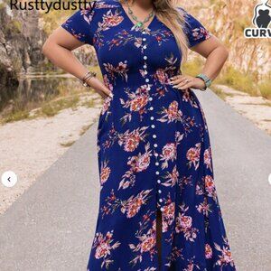 1XL Plus Size Blue Rusttydustty Women Botanical Print V Neck -Pre-loved